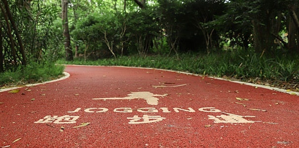 A winding red jogging path runs through a lush, green forest area. The path has white text and symbols painted on its surface, indicating it's designated for jogging. Trees and bushes line the path, providing a sense of enclosure and natural serenity.