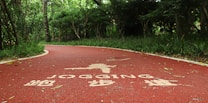A winding red jogging path runs through a lush, green forest area. The path has white text and symbols painted on its surface, indicating it's designated for jogging. Trees and bushes line the path, providing a sense of enclosure and natural serenity.