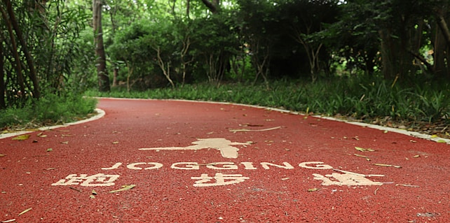 A winding red jogging path runs through a lush, green forest area. The path has white text and symbols painted on its surface, indicating it's designated for jogging. Trees and bushes line the path, providing a sense of enclosure and natural serenity.