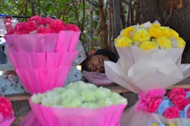 A person is peacefully asleep among vibrant bouquets of flowers wrapped in colorful paper. The flowers include different shades of pink, yellow, and green, creating a vivid and lively scene. The surrounding environment suggests a natural or outdoor setting with trees in the background.