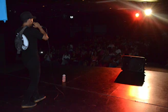 Kevin Mattson performing live on stage with a warm spotlight capturing his animated storytelling.