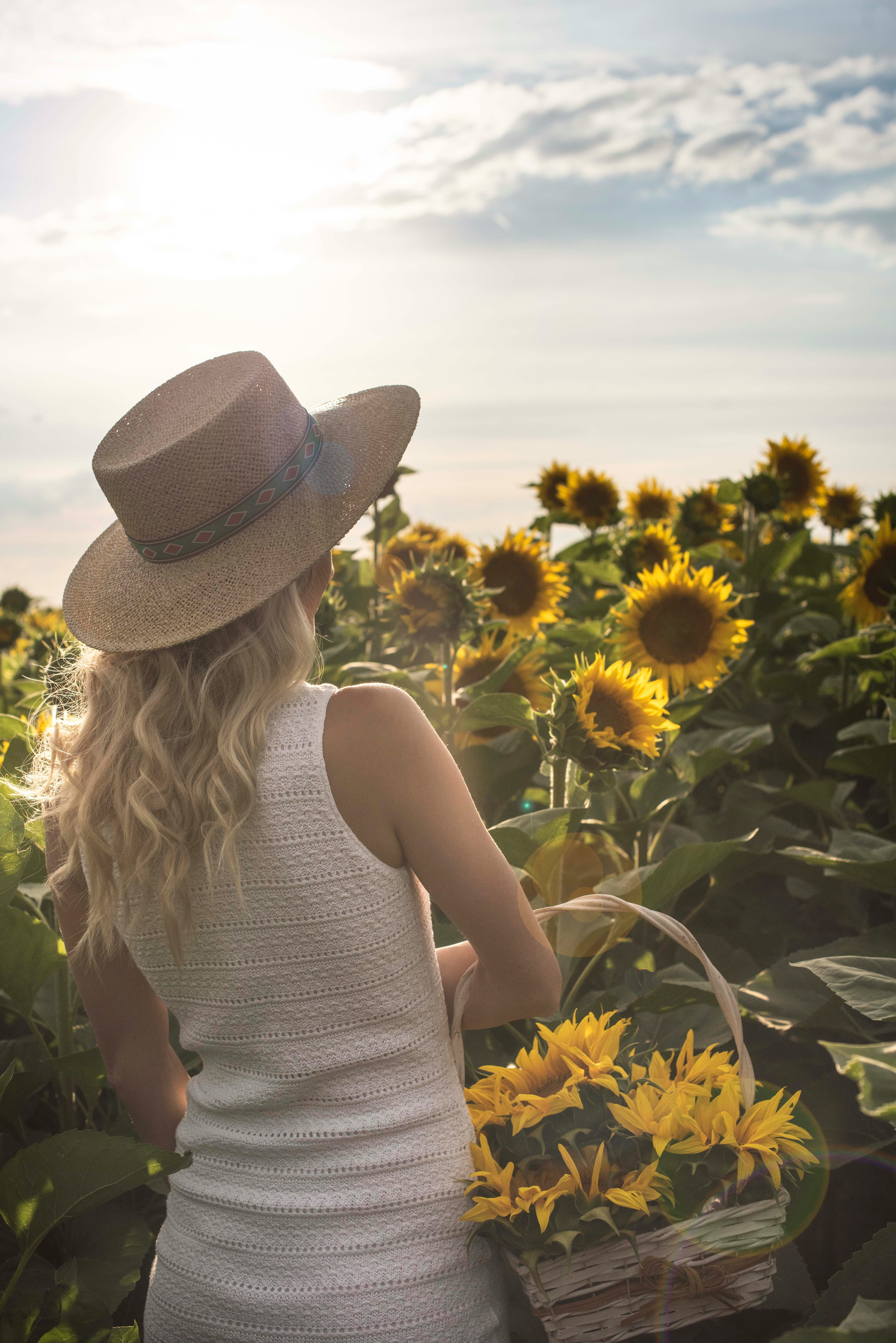 woman standing holding basket front of sunflower