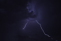 Dark stormy sky with bright lightning bolt cutting through the clouds, creating a dramatic and intense atmosphere.