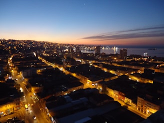 Grid-framed view of an urban streetscape viewed from above at golden hour.