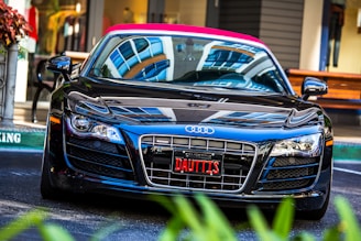 A sleek black sports car with a distinct Audi logo on the front grille, featuring a red license plate with the name 'DAUTTIS'. The car is parked in an urban setting, with reflections of buildings visible on its shiny surface. The vibrant red roof contrasts with its polished black body. Nearby, there are plants and city infrastructure, suggesting a stylish and modern environment.