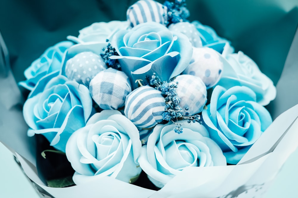 blue and white artificial flower bouquet
