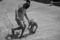 A pet caregiver interacting playfully with a dog.
