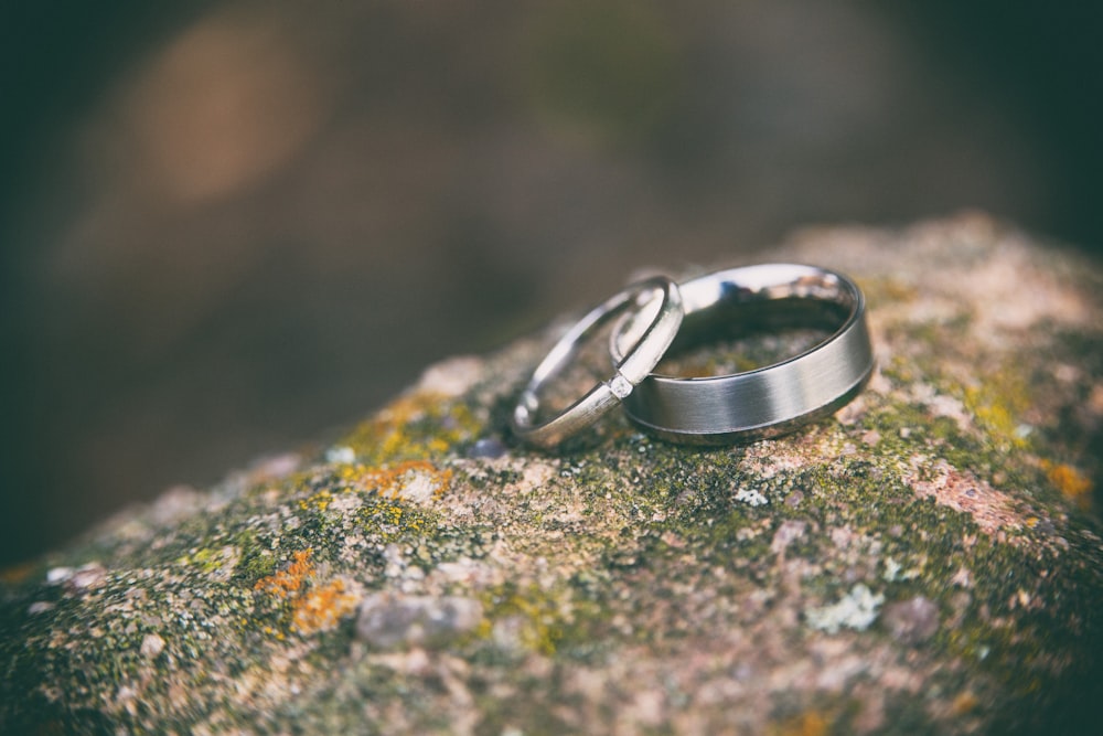 two silver-colored rings on stone