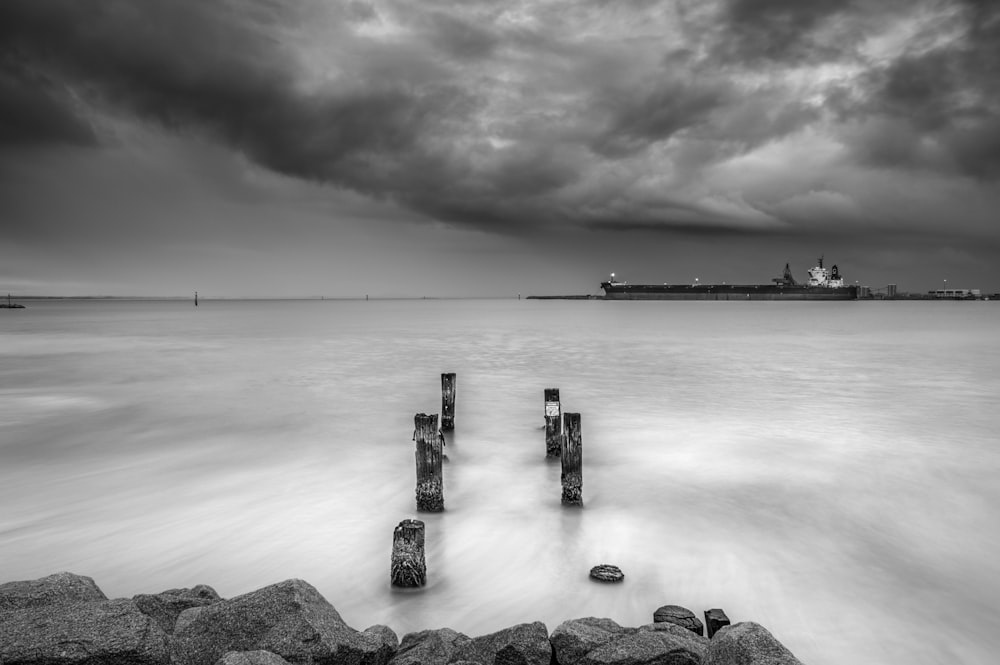 grayscale photo of body of water