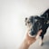 A person's hand gently cradles the face of a black and brown dog, giving it a calm and reassuring expression. The background is soft and blurred, drawing focus to the dog's expressive eyes and the gentle interaction.