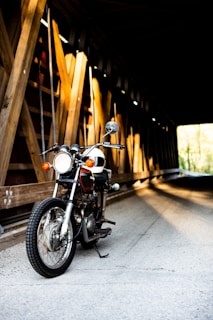 black motorcycle near brown wooden tunnel bridge