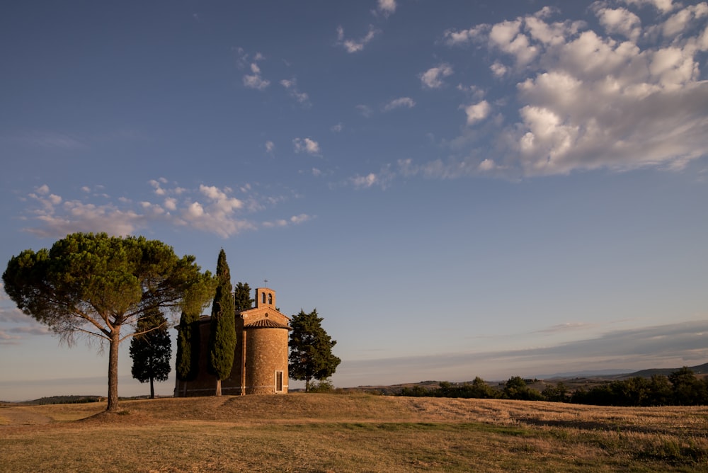 fotografia de paisagem da igreja no meio de árvores verdes