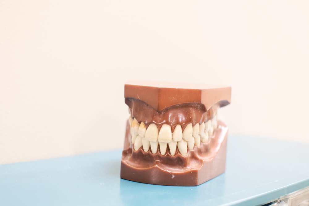 teeth denture on top of blue shelf