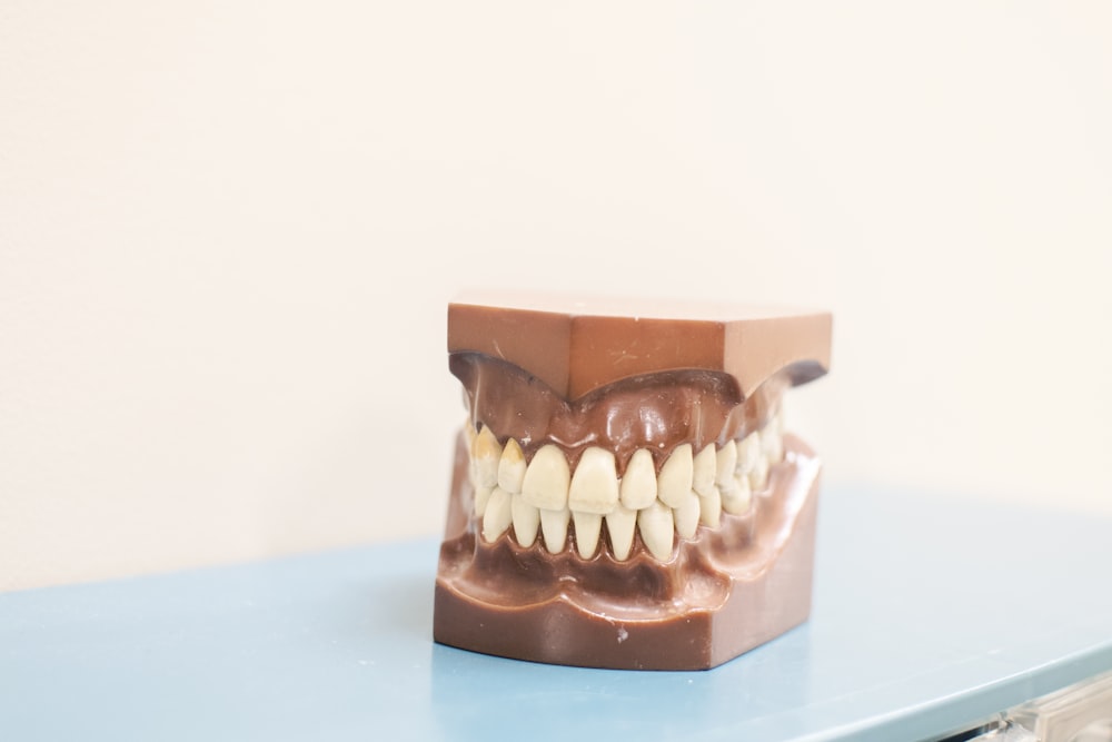 dentadura dentada de dientes en la parte superior del estante azul
