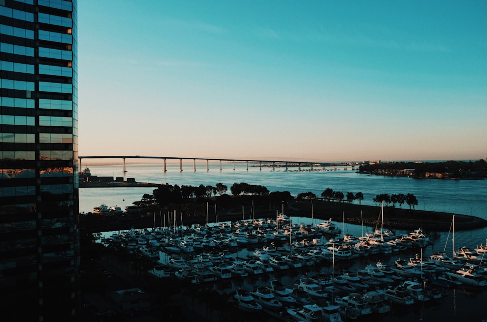 aerial view of boats on sea under blue sky