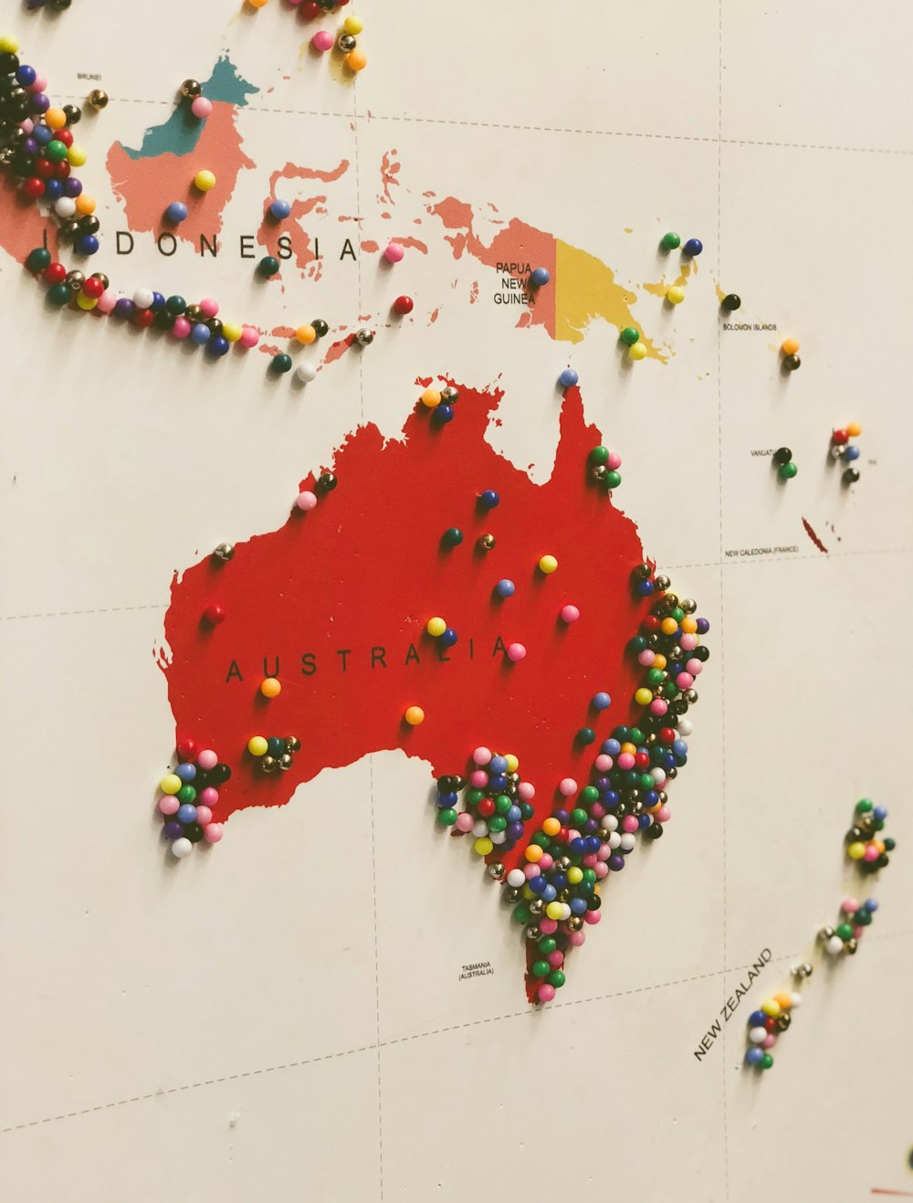 Australia map filled with pins