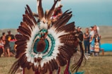 person wearing brown, white, and teal feather costume