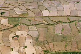 An aerial view of agricultural fields composed of various irregular shapes and sizes. The fields are divided by narrow pathways and some green patches. The terrain features a variety of earth tones with a few scattered structures and sparse vegetation.