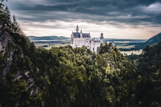 A mystical landscape with castles and mythical creatures.