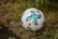 A well-worn soccer ball with blue and green cross designs is resting on the ground among some grass and a few scattered stones. The ball has some visible text and logos on it.