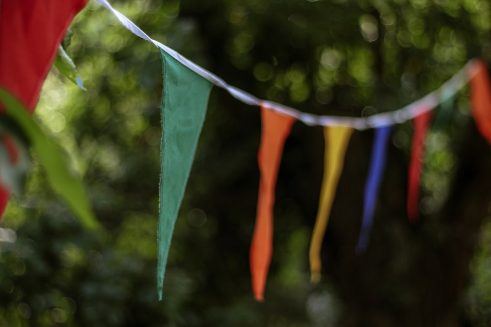 Fotografía de enfoque selectivo de banderines multicolores