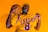 A person wearing a yellow basketball jersey with 'LAKERS' and the number 8, holding a basketball and a matching beanie. The background is a solid bright orange, highlighting the vibrant colors of both the attire and the backdrop.