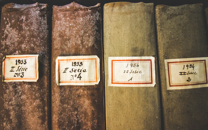 Livros de registo organizados num arquivo