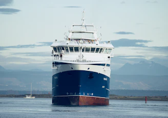 white and blue ship on water with mountain background