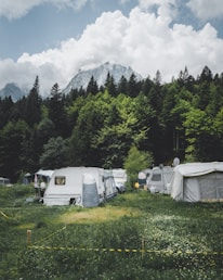 camper trailer near trees with snow-capped mountain at distance
