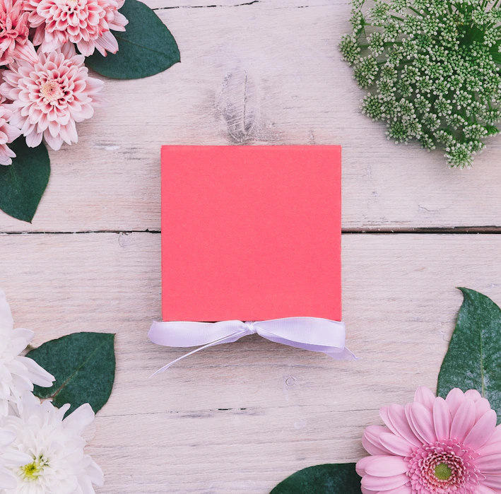 A cozy flat lay of pastel dusty pink wrapped gift hampers with green ribbon accents on a clean white background