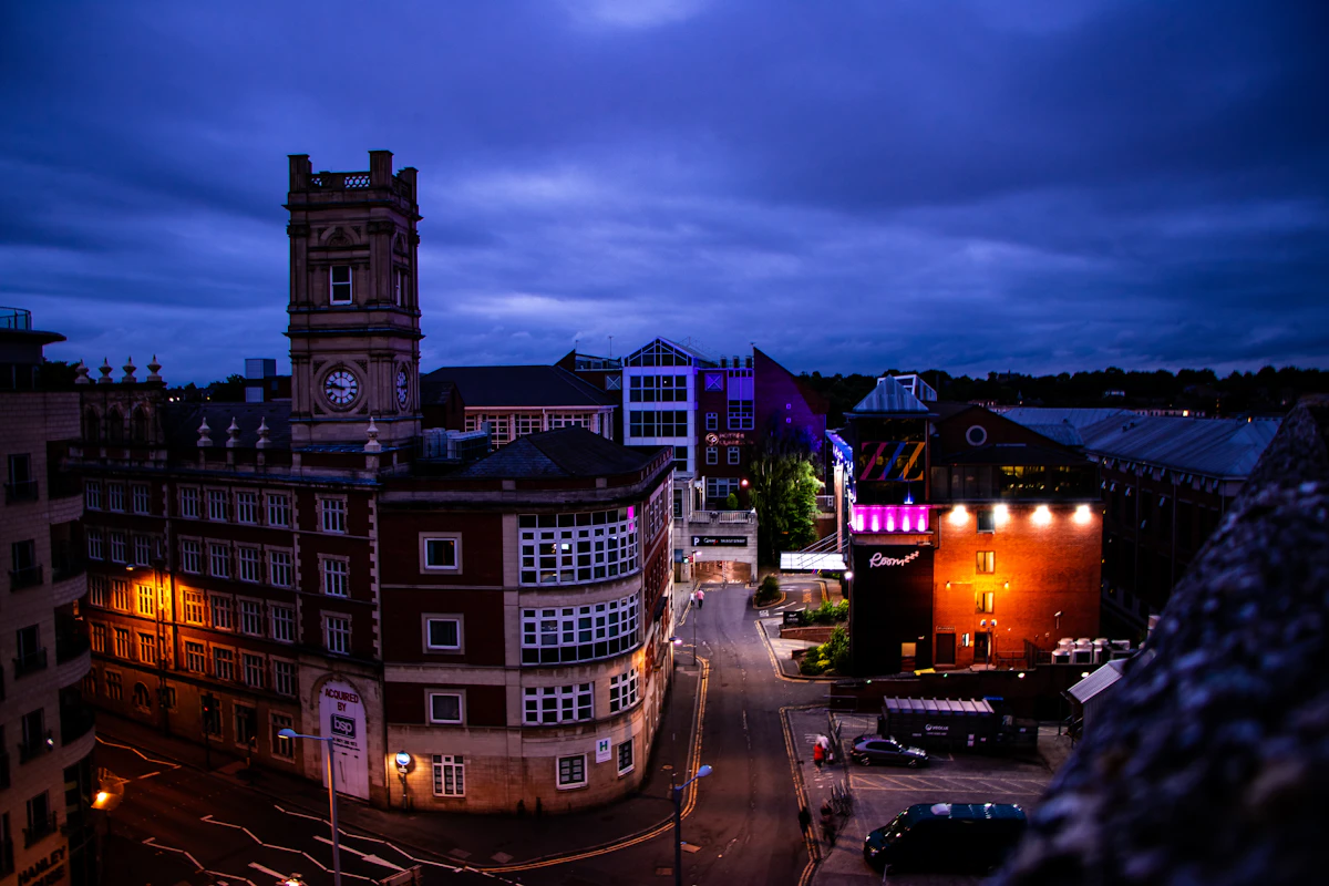 Nottingham city centre buildings at dusk