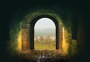 a dark tunnel with an open door leading to a grassy field