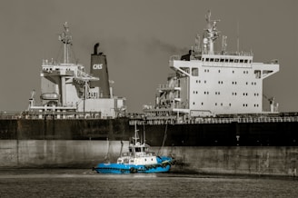 A large cargo ship with a prominent superstructure is docked in still waters, with a small blue tugboat maneuvering alongside it. The vessel's hull is dark, while the upper structures are white, and a plume of smoke rises from one of the smokestacks.