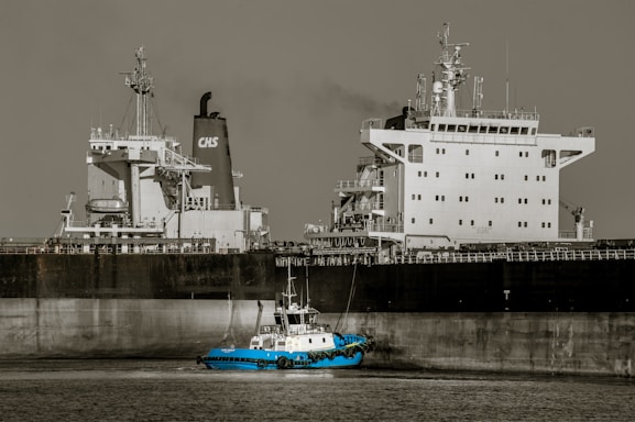 A large cargo ship with a prominent superstructure is docked in still waters, with a small blue tugboat maneuvering alongside it. The vessel's hull is dark, while the upper structures are white, and a plume of smoke rises from one of the smokestacks.