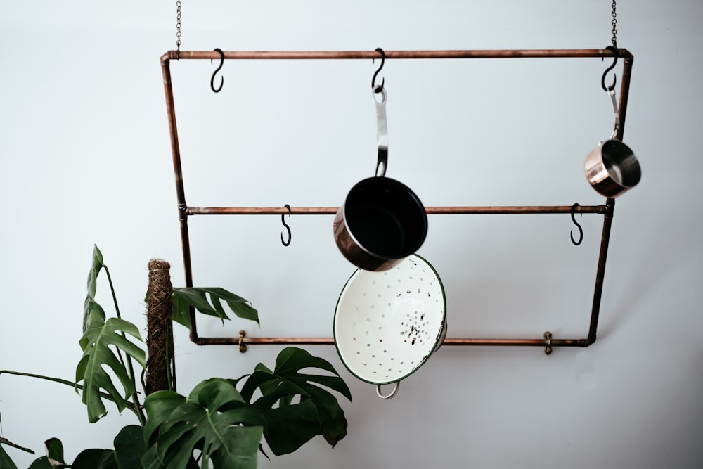 brass-colored pot rack near white wall and plant