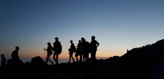 silhouette on people standing on mountain during blue hour