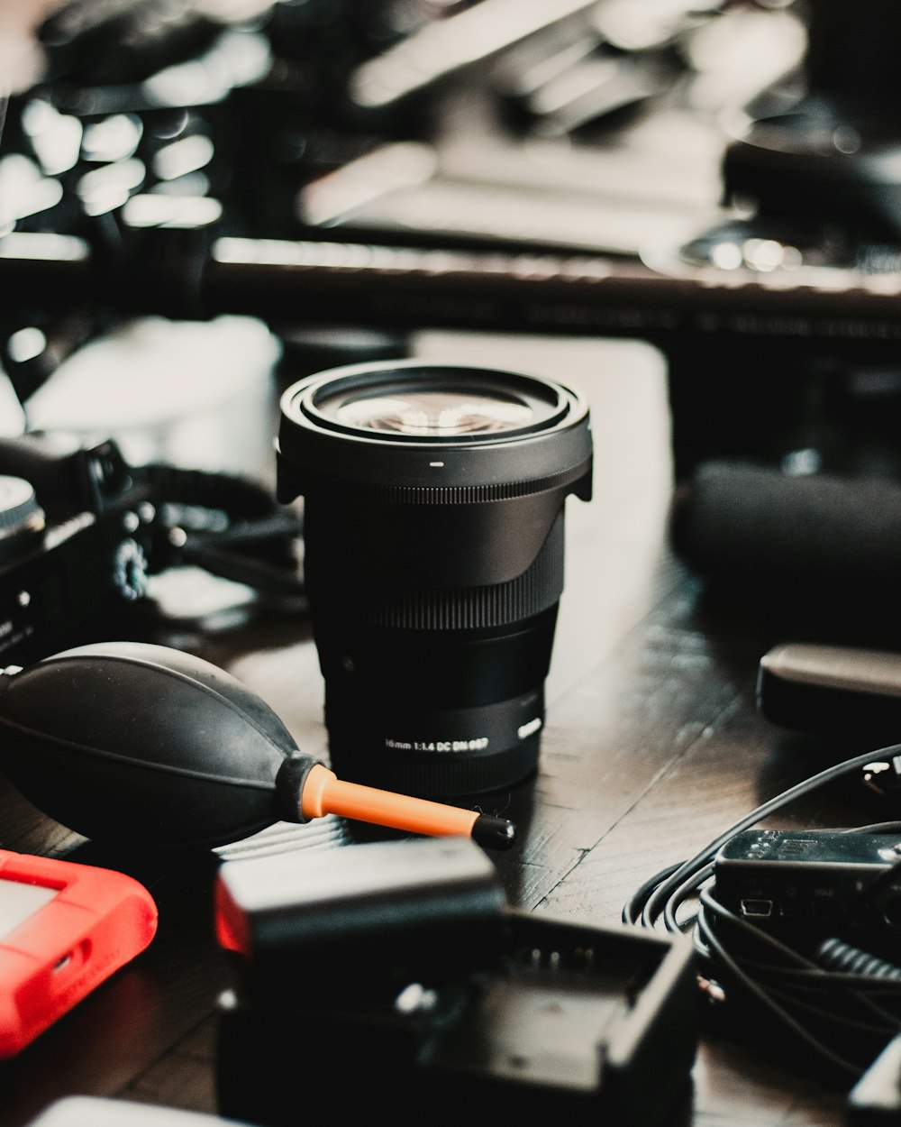 flat lay photography of camera lens