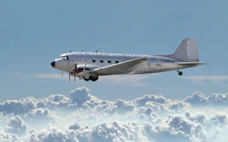 A vintage Varig airplane soaring gracefully against a clear blue sky.