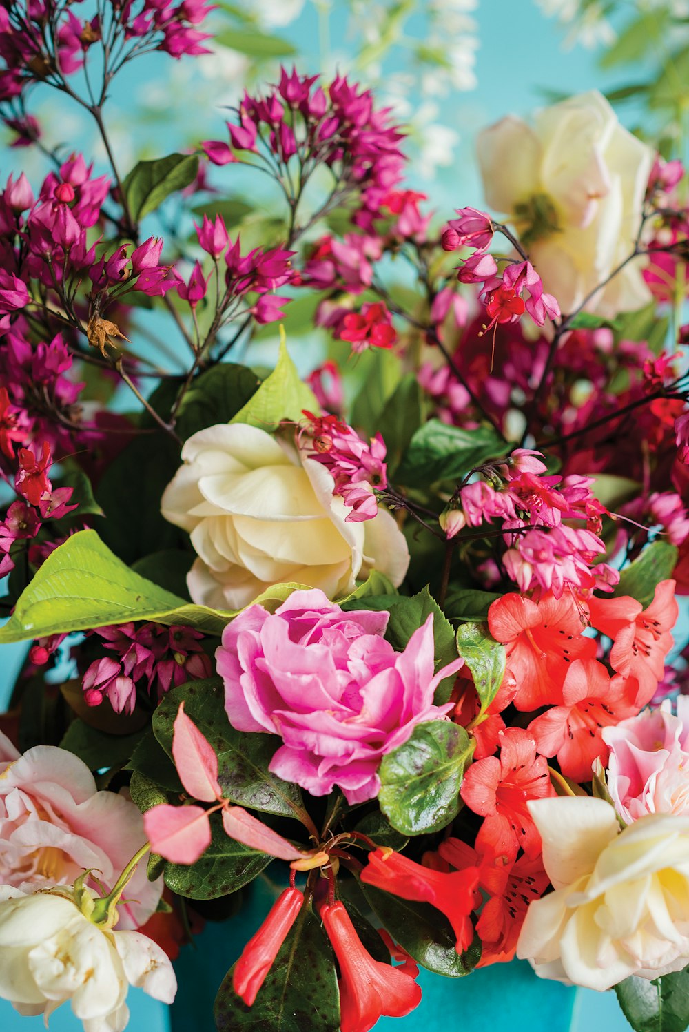 Fotografía de primer plano de centro de mesa de flores de pétalos blancos, rosas y rojos