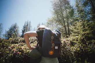 A hiker adjusting a hydration bladder inside a backpack, sunlight filtering through pine trees.