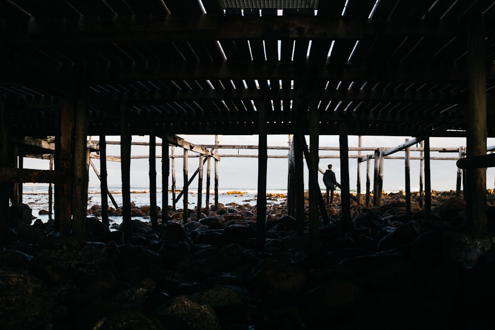 man standing on brown rock beside shore near dock