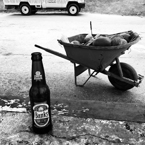 A beer bottle labeled 'Banks' is placed on a concrete surface. Behind it, a wheelbarrow filled with coconuts is visible. In the background, a safari vehicle with zebra patterns is parked on the road.