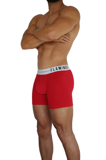 A person with a muscular build is standing with arms crossed, wearing red boxer briefs with a waistband labeled 'FLAMINGO'. The background is plain white.
