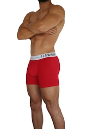 A person with a muscular build is standing with arms crossed, wearing red boxer briefs with a waistband labeled 'FLAMINGO'. The background is plain white.