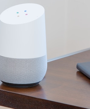 white and gray Google home on brown table