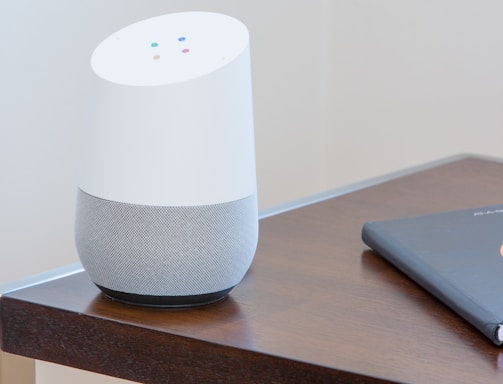 white and gray Google home on brown table