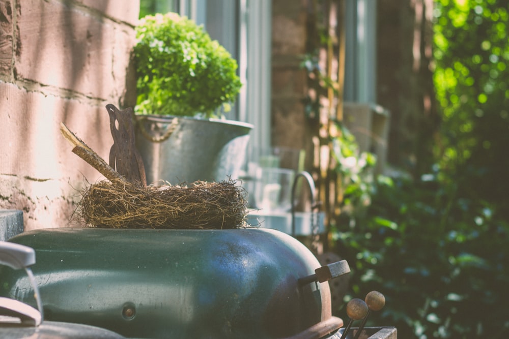 gray ice bucket and nest on top of green outdoor grill