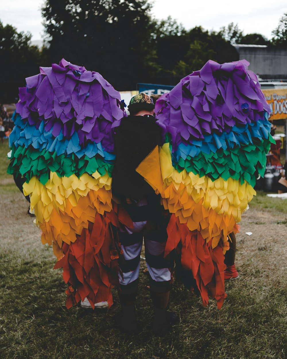 homem vestindo asas multicoloridas