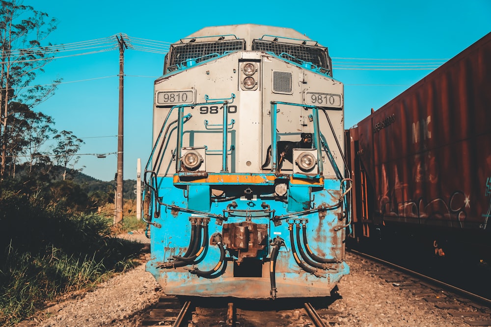 gray and blue train on railing beside green plants