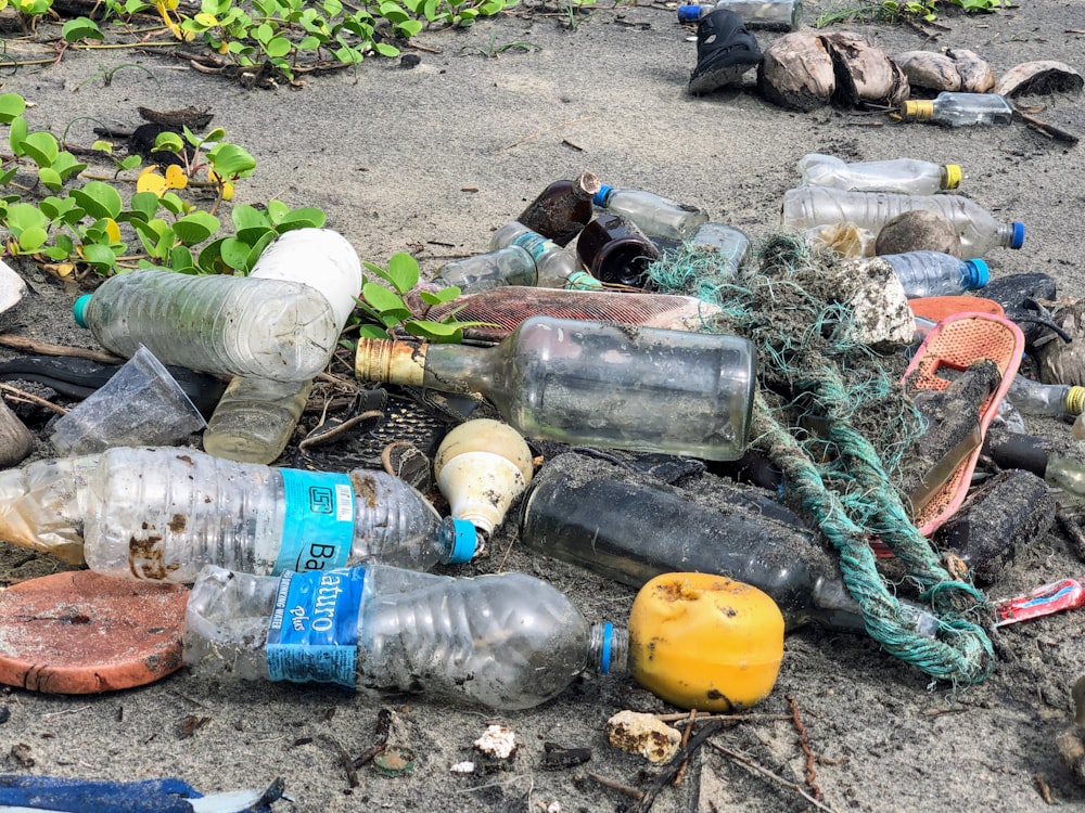 Botellas de basura surtidas en superficie arenosa